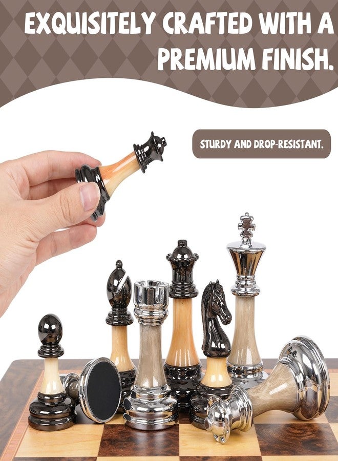 GHOOI Luxury Large Chess Set 17 Inch Wooden Chess Board with Metal and Acrylic Chess Pieces, 3.5" King, 2 Extra Queens, Foldable Tournament Chess Set for Adults and Kids, Gift Display Chess Game Collection - Image 3